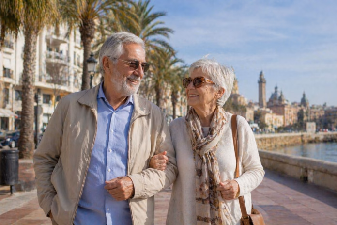 Pareja pensionista paseando por Valencia para disfrutar mejor la jubilación