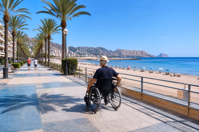 Persona mayor en silla de ruedas disfrutando de una playa accesible